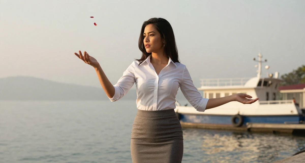 A seriously concentrated Female From Thailand, based in Phuket, graduated from a media academy majoring in tropical glamour production in their 23, using confidence as the core of seductive branding, wearing a office lady pencil skirt and tight white shirt, catching a falling flower petal in a foggy harbor.