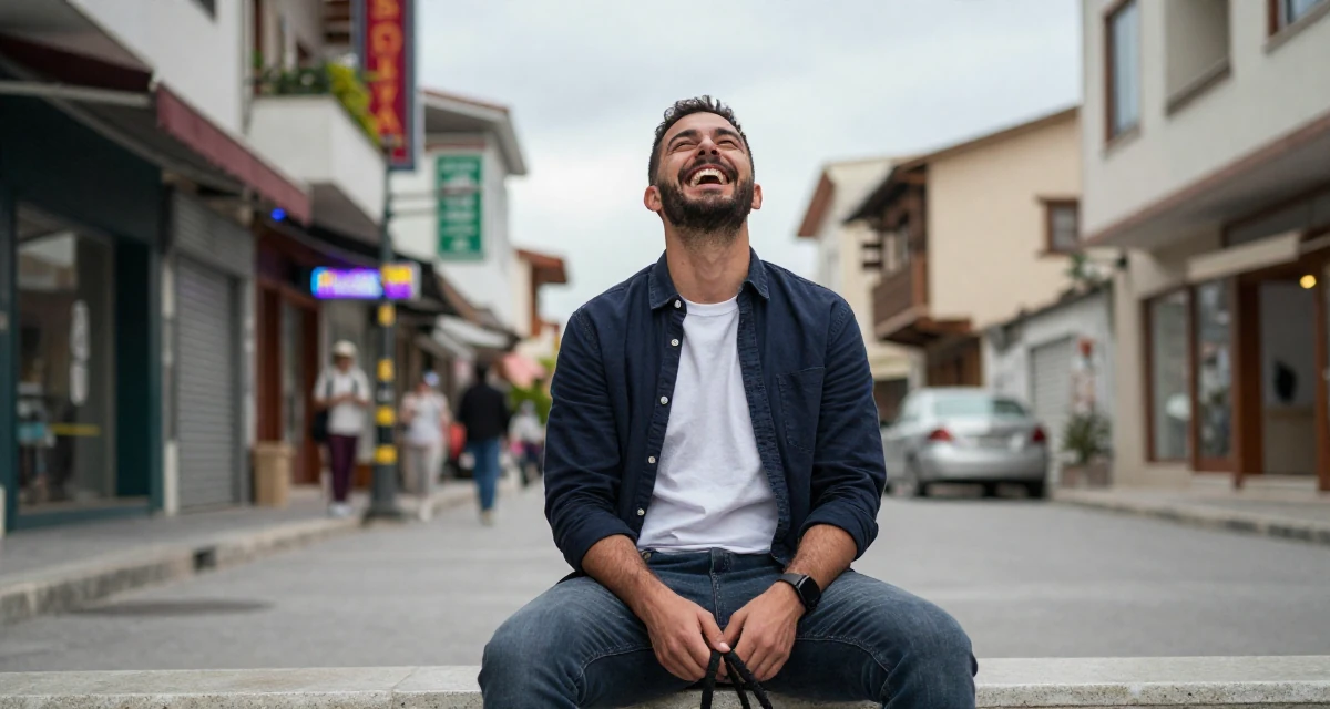 A sincere male From Greece, studied philology in their 21, laughing openly with head thrown back, wearing a modern casual lifestyle wear, holding a leash in a neon-lit street.