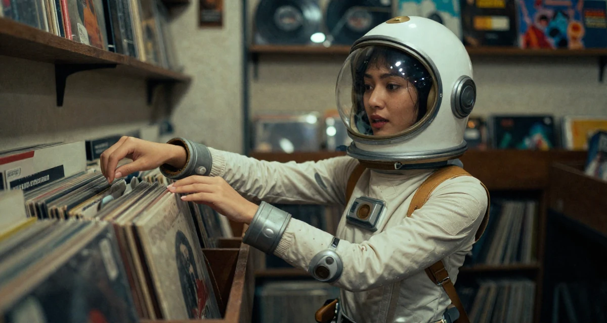 A open and honest Female From Indonesia, based in Bali, graduated from an arts institute majoring in expressive digital portraits in their 23, discovering the allure of slow, controlled movement, wearing a retro sci-fi space girl outfit with a bubble helmet, adjusting sleeves in a vintage record store.