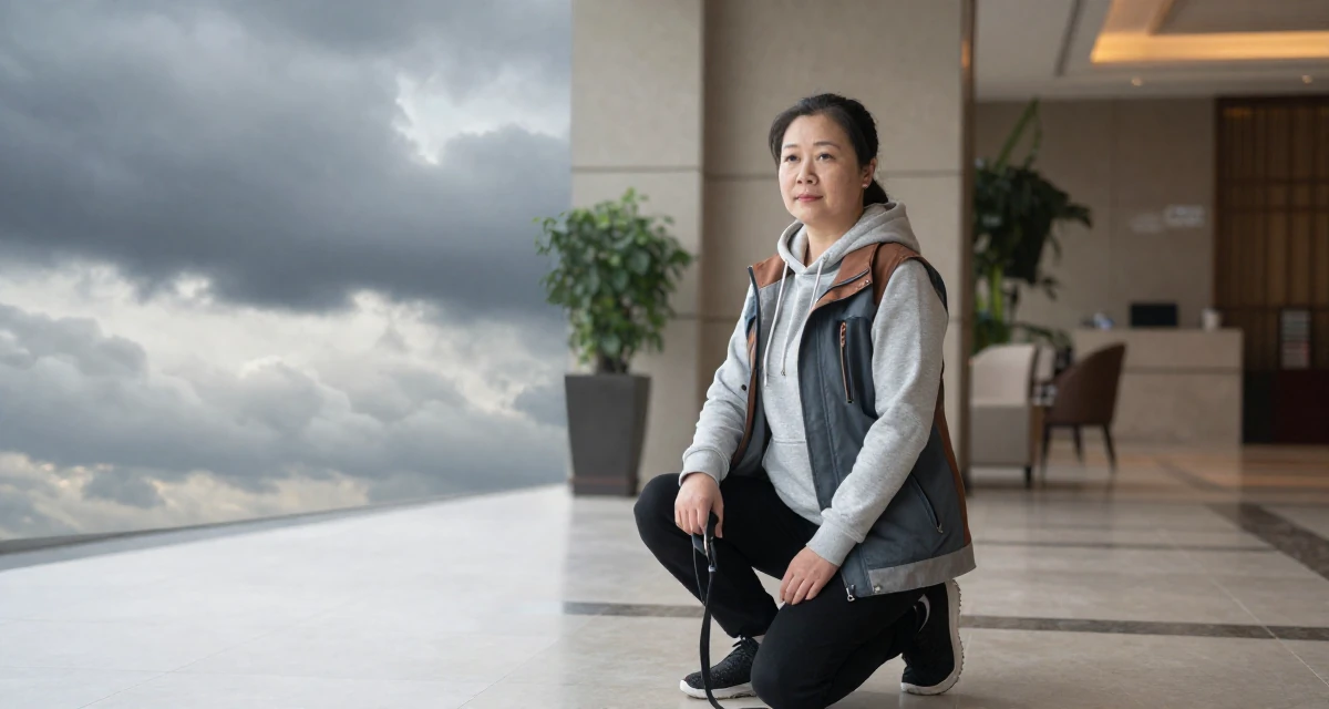 A composed Female From Guangzhou China, studied international business in their 35, glowing with the wisdom of experience, wearing a layered vest over hoodie, holding a leash in a hotel lobby.