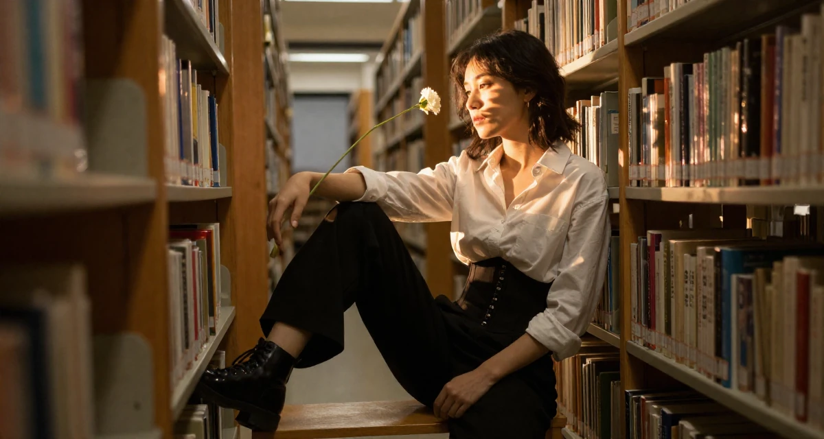 A introspective Female Former street-dance trainee, now offering choreography-based fan content in their 30, exploring minimalism and intentional living, wearing a button-up shirt with a corset belt and black pants, holding a single flower in a library aisle.