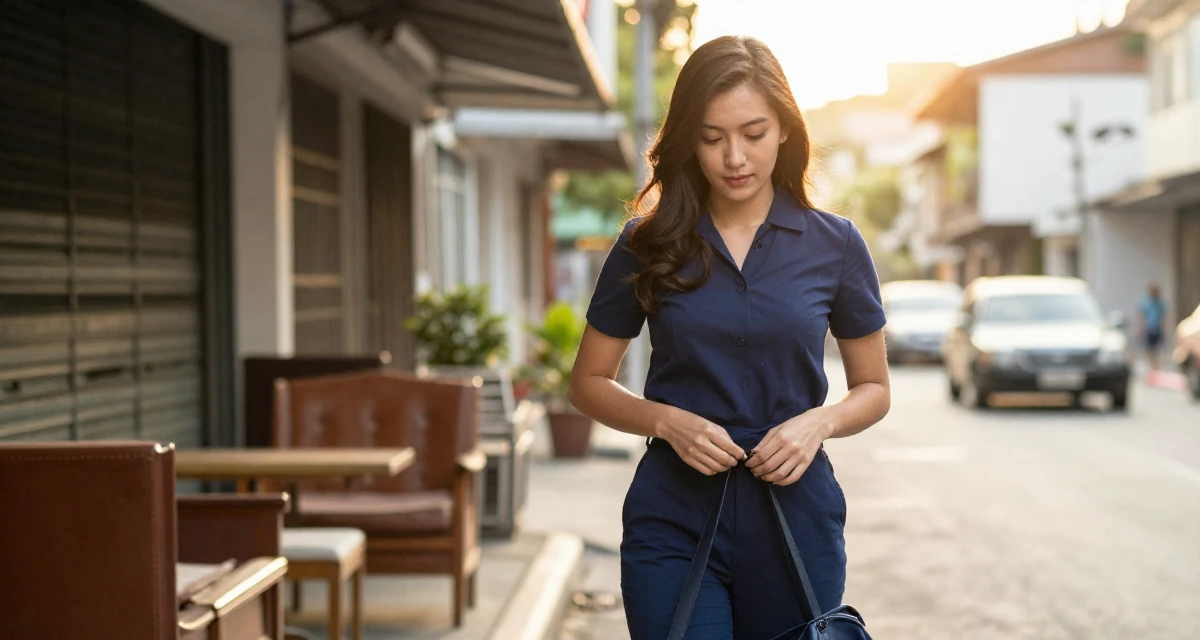 A calm and confident Female From the Philippines, based in Davao, graduated from a communication program majoring in fan engagement dynamics in their 25, becoming more selective with fan interactions, wearing a classic navy blue ensemble, zipping up a bag in a urban street.