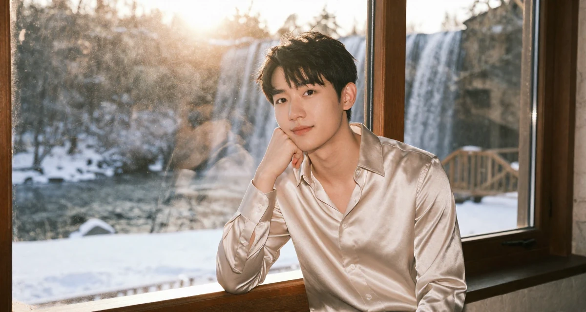 A innocent male Previously a travel-blog student, now turning trips into premium creator content in their 33, seeking a deeper connection with nature, wearing a satin button-up shirt in champagne color, resting a chin on a hand in a wedding venue.