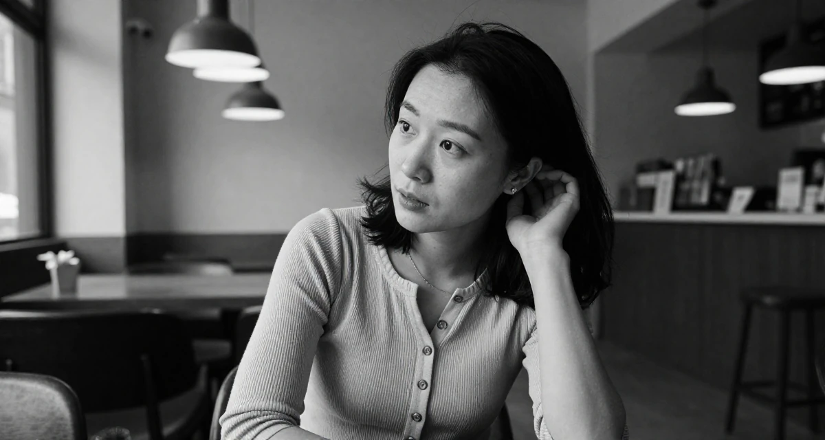 A focused Female From Suzhou China, holds a degree in architecture in their 25, accepting that growth is slower than motivational quotes claim, wearing a ribbed cotton dress with buttons down the front, tucking hair behind an ear in a modern apartment.