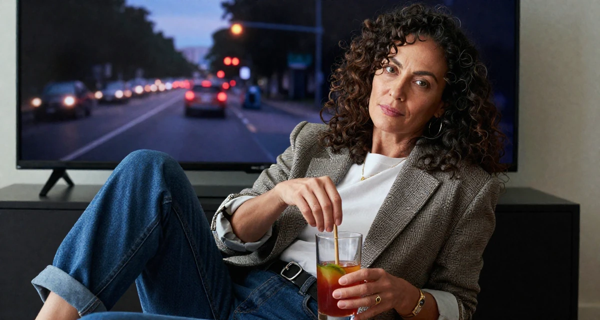 A lazy Female Once a logistics temp worker, now enjoying flexible creator life in their 40, navigating the balance of career and aging parents, wearing a refined casual Friday look, stirring a drink in a tv set.