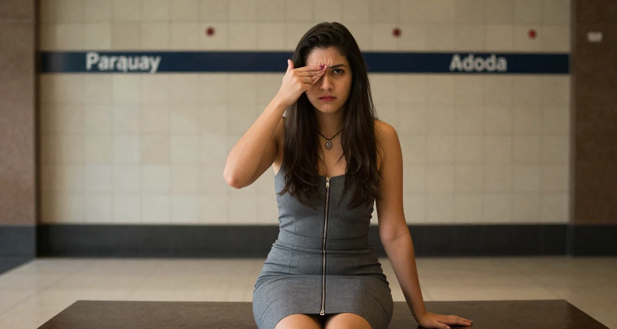 A rebellious Female From Paraguay, majored in accounting in their 25, learning how poses can feel powerful instead of scary, wearing a pencil skirt with a zipper detail, shading eyes with a hand in a hotel lobby.