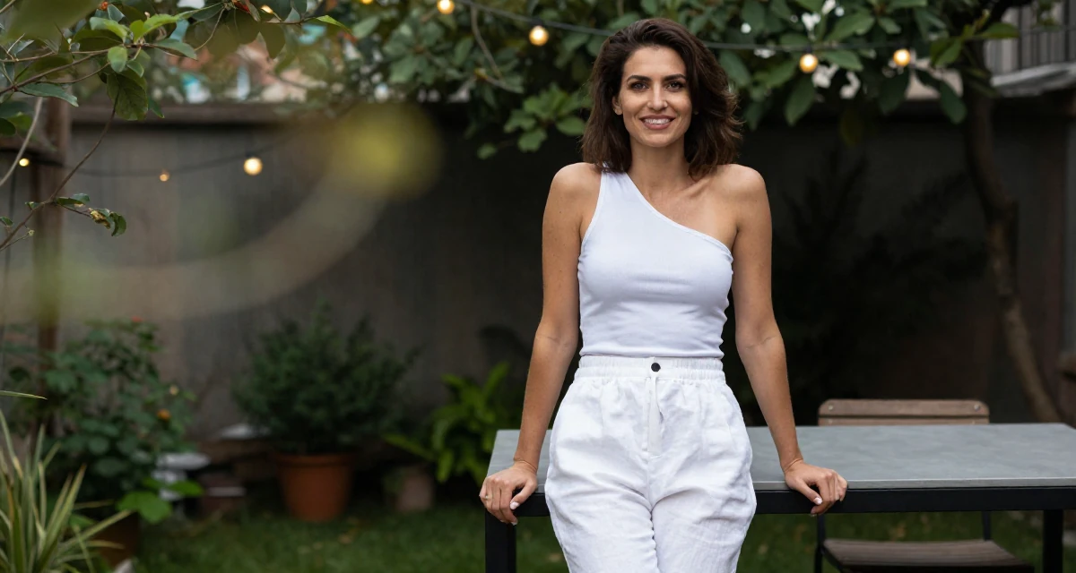 A optimistic Female From Croatia, based in Rijeka, graduated from a communication institute majoring in sensual scene composition in their 22, forcing confidence even on days with no energy, wearing a one-shoulder fitted top and white linen trousers, pausing mid-step in a backyard garden.