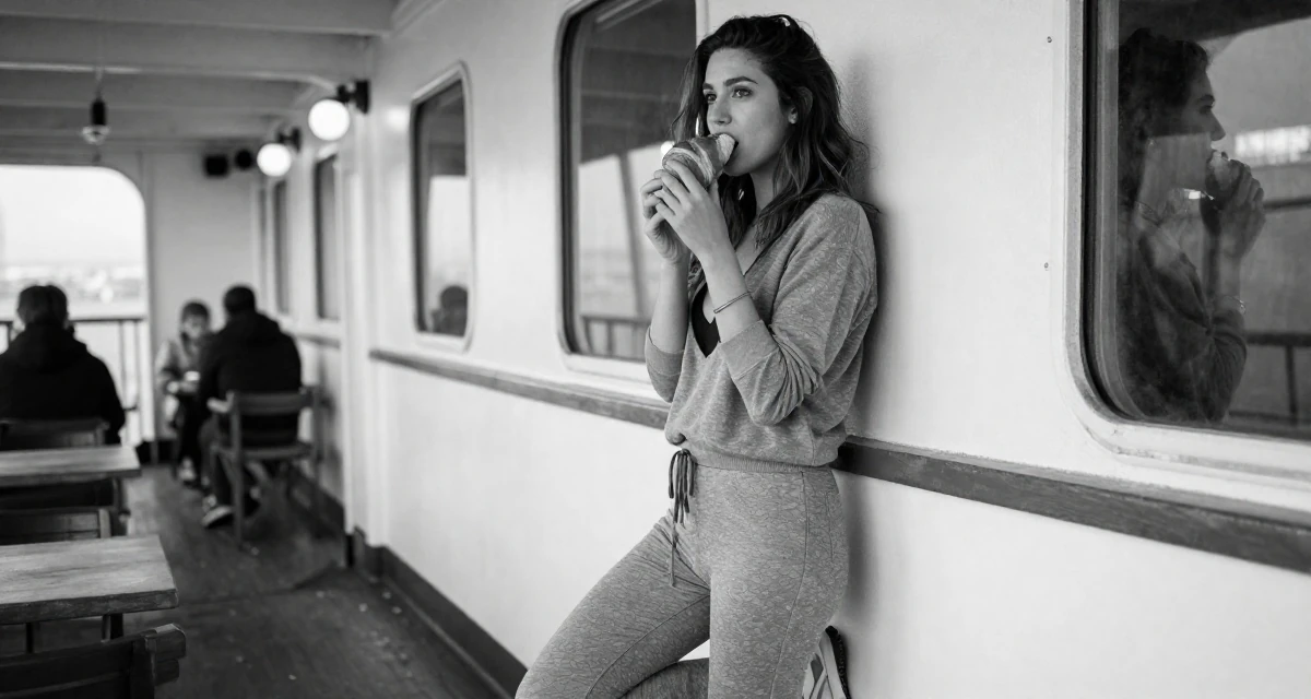 A observant Female From Los Angeles USA, trained in acting and sensual performance in their 21, embracing a carefree bohemian lifestyle, wearing a grey tones casual wear, eating a croissant in a ferry deck.