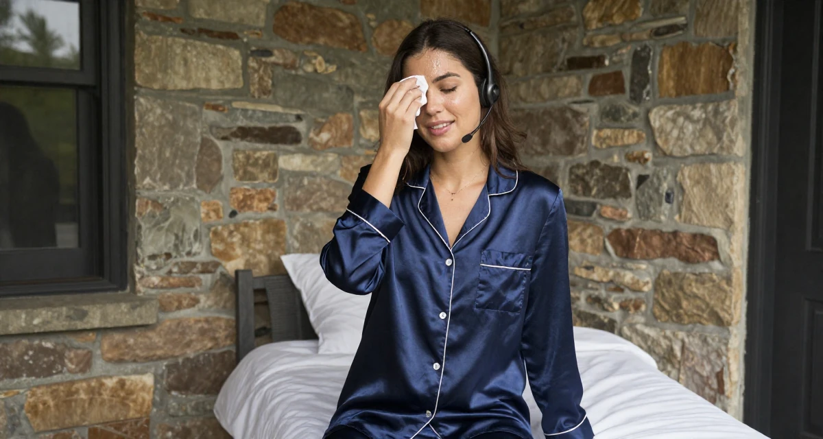 A friendly and approachable Female Once a call-center agent, now a confident camera-ready creator in their 23, managing early burnout from overcommitment, wearing a satin pajamas set with the top unbuttoned, wiping sweat from the brow in a front porch.