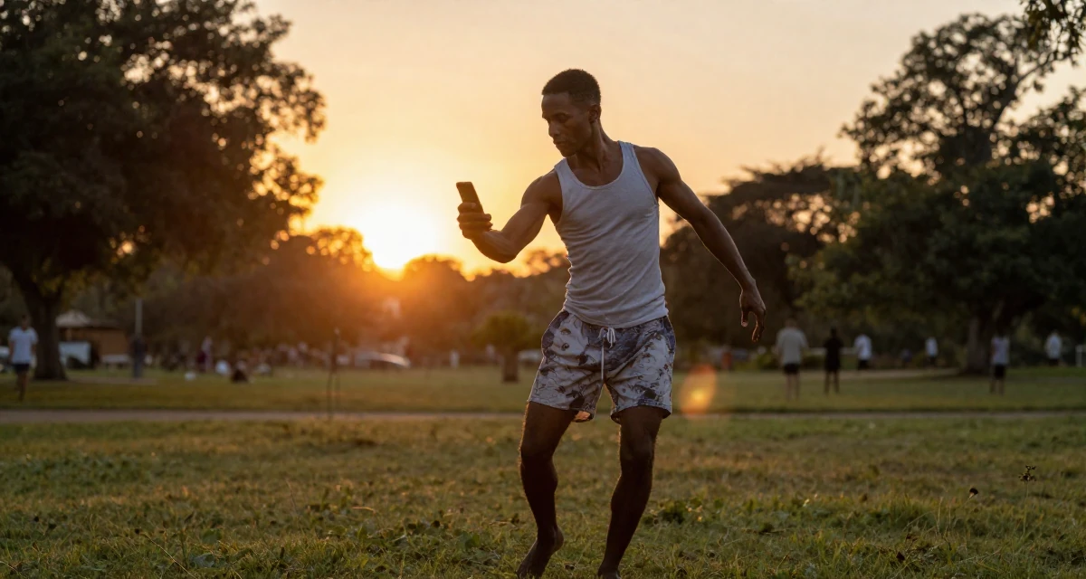 A assertive male From Nairobi Kenya, trained in expressive dance and confident movement in their 25, figuring out social roles and self-image, wearing a fitted racerback tank and pajama shorts, scrolling casually in a quiet park.