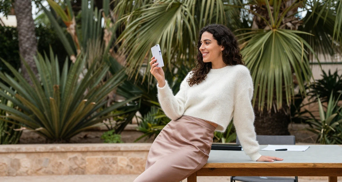 A positive Female From Spain, based in Valencia, graduated from a communication institute majoring in digital storytelling in their 23, realizing “less is more” in seductive storytelling, wearing a satin midi skirt and a fuzzy cropped sweater, examining a product in a botanical garden.