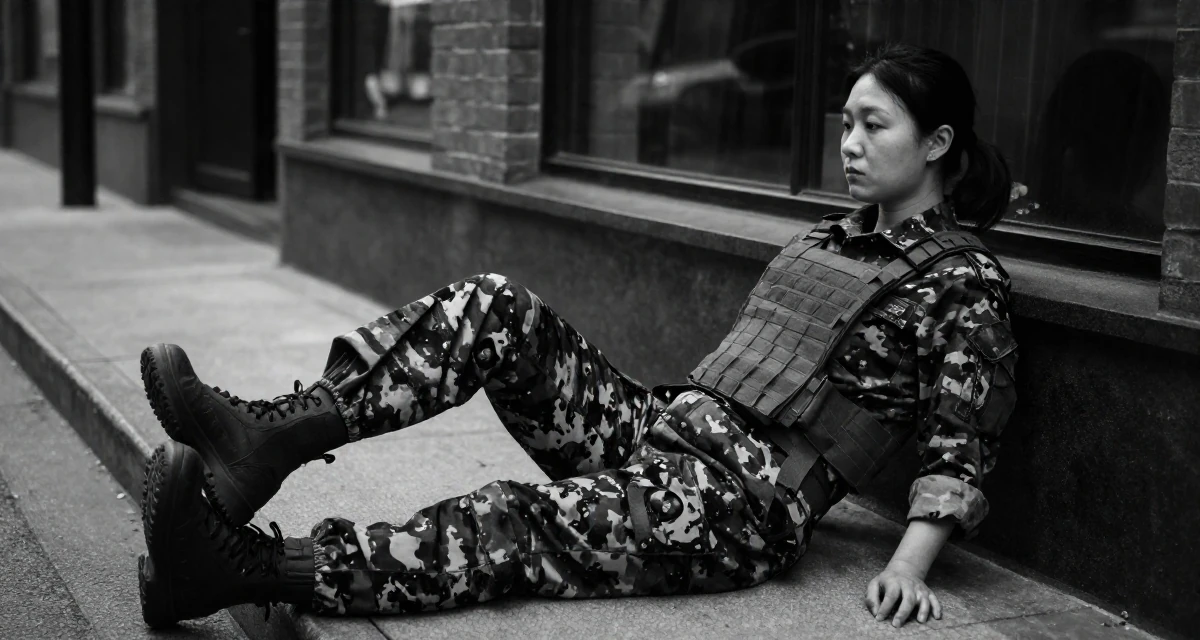 A thoughtfully silent Female From China, holds a degree in human resource management in their 33, building a supportive online community, wearing a commando outfit with camouflage paint and tactical harness, pulling up a sock in a city sidewalk.
