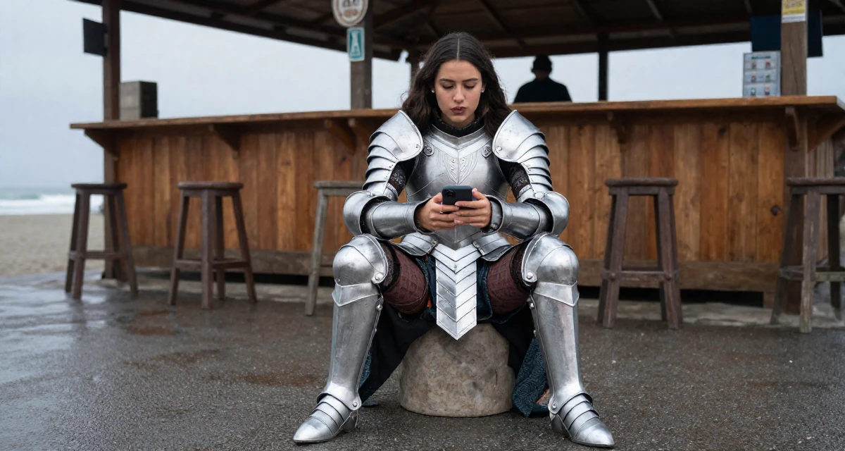 A spirited Female From Colombia, based in Medellín, graduated from a communication school majoring in brand communication in their 25, balancing school assignments with content ideas, wearing a fantasy warrior princess armor made of silver metal, texting with both thumbs in a beach bar.