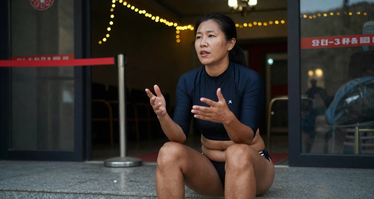 A observant Female From Mongolia, based in Ulaanbaatar, graduated from a national university majoring in media studies in their 46, wellness advocate for women over 40, wearing a cropped rash guard and bikini bottom, gesturing while talking in a cinema entrance.