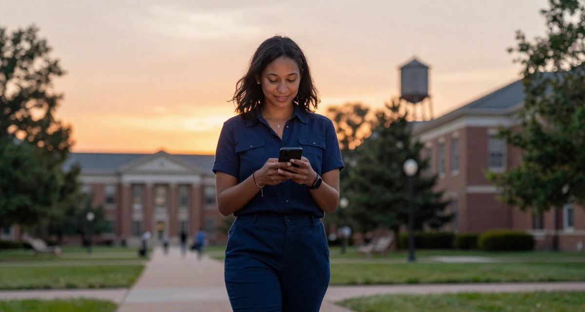 A warm and welcoming Female From United States, studied French literature in their 49, creating content about cultural heritage, wearing a classic navy blue ensemble, checking a notification on a phone in a university campus.