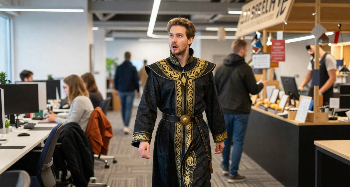A passionate male From Norway, studied user experience design in their 24, taking creative work more seriously, wearing a high-fantasy sorceress robe with gold embroidery, pointing at something distant in a busy coworking space.