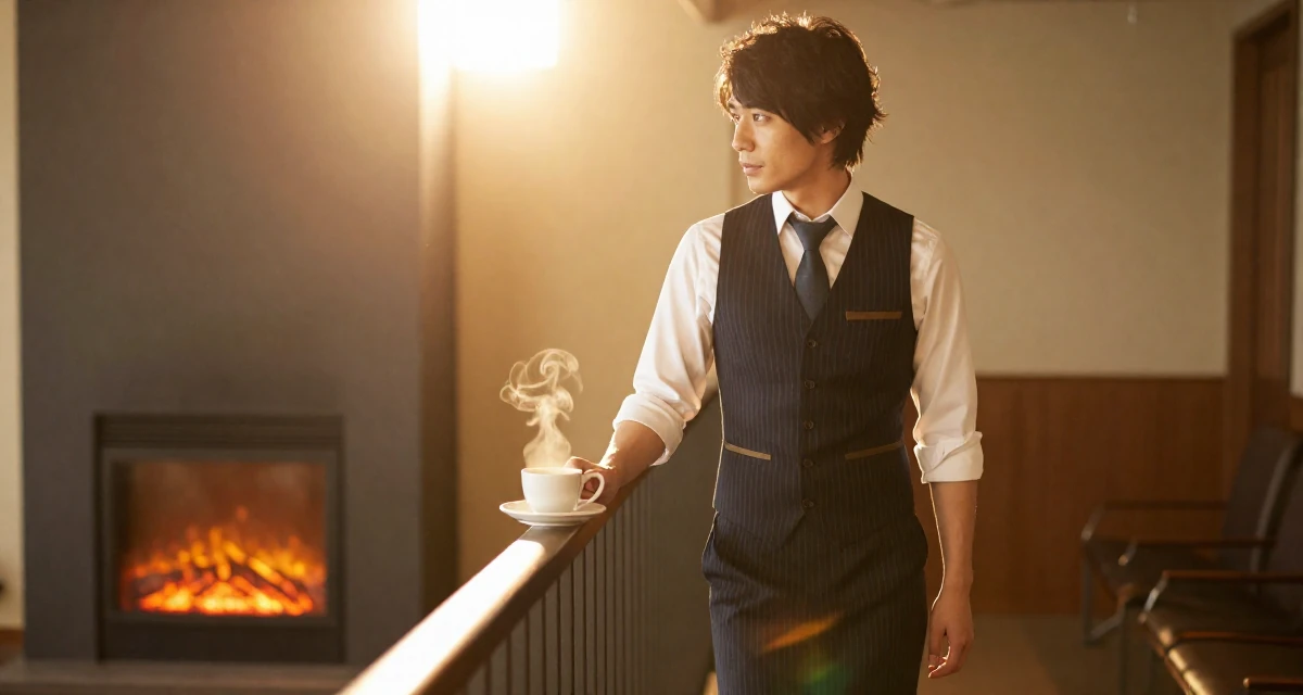 A observant male From Osaka Japan, learned cosplay craftsmanship and character styling in their 33, considering switching careers, wearing a pinstripe pencil skirt and a matching vest top, leaning on a railing in a waiting room.