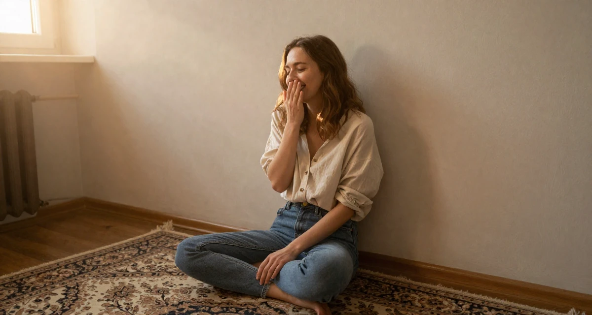 A compassionate Female From Warsaw Poland, studied social psychology in their 49, creating content about cultural heritage, wearing a loose fitting blouse tucked into tight jeans, covering a laugh with one hand in a waiting room.