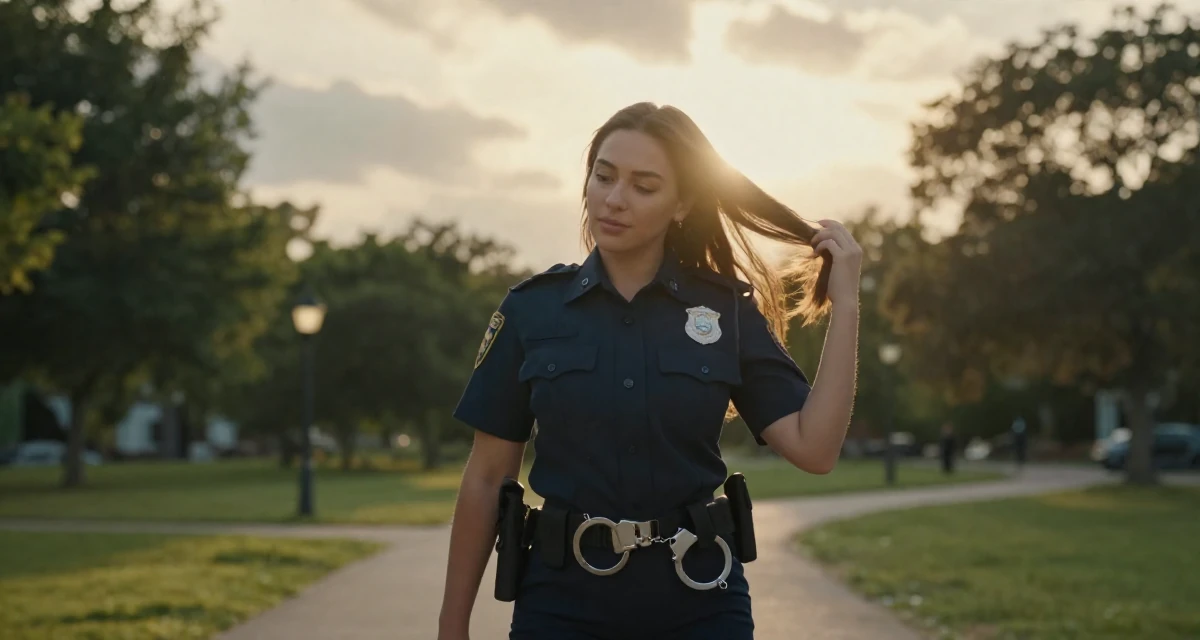 A placid Female Former swim instructor, now producing sun-soaked lifestyle content in their 22, exploring slow, teasing video styles within comfort limits, wearing a police officer uniform with a badge and handcuffs, brushing hair back in a quiet park.