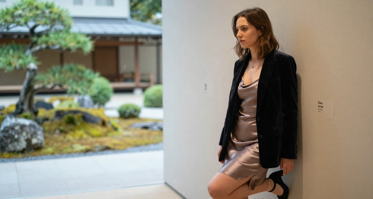 A thoughtful Female From Germany, majored in mechanical engineering in their 25, realizing 25 is still incredibly young, wearing a velvet blazer and a silk slip dress, smoothing out clothes in a museum exhibit.