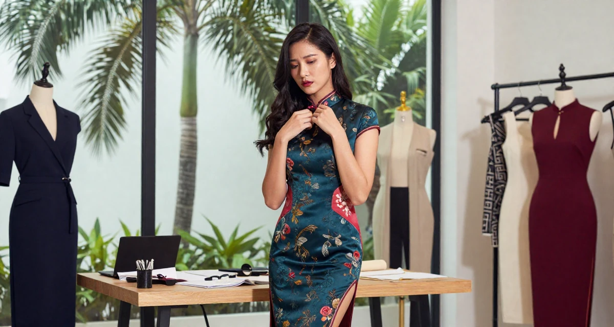 A melancholic Female From Bangkok Thailand, studied tourism management in their 33, exploring luxury travel and fine living, wearing a Chinese qipao (cheongsam) modified with a high slit, fixing a collar in a fashion design studio.