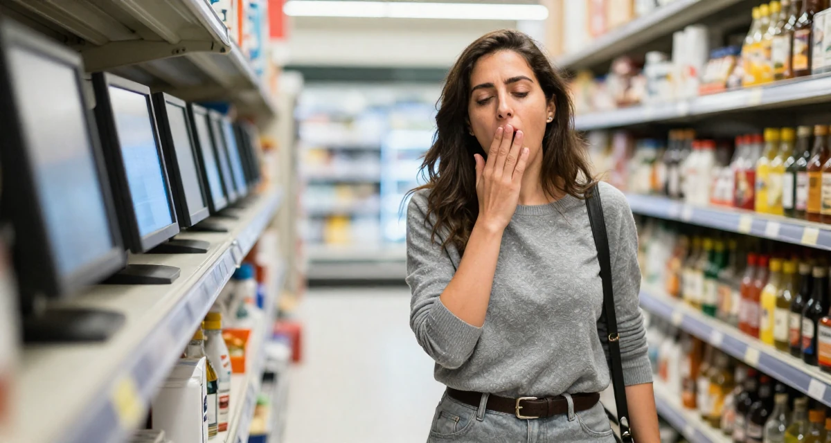 A quietly confident Female From Lebanon, majored in digital journalism in their 49, savvy investor sharing retirement planning tips, wearing a grey tones casual wear, yawning discreetly in a supermarket aisle.
