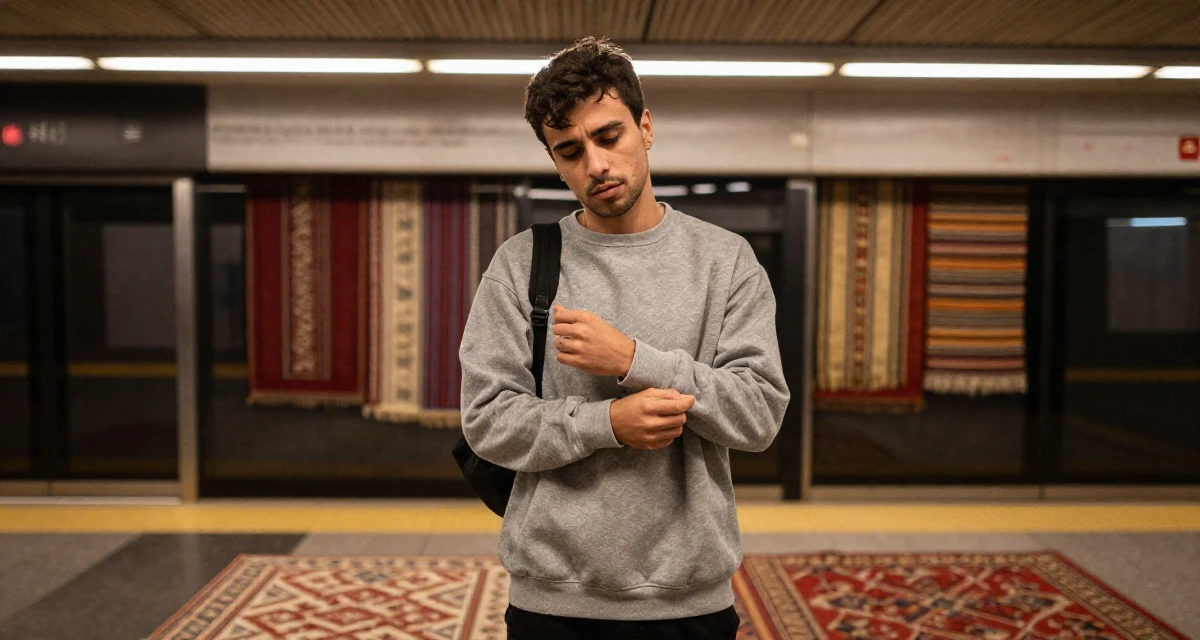 A ambitious male From Valencia Spain, learned lifestyle videography for warm climates in their 23, tired of the hookup culture and dating apps, wearing a relaxed streetwear, fixing a cufflink in a subway platform.