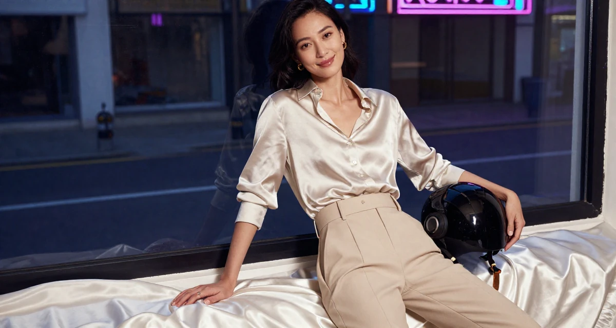 A smiling gently Female Former model agency assistant, now running her own creator portfolio in their 30, exploring minimalism and intentional living, wearing a high-waisted beige trousers and a tucked-in satin blouse, holding a helmet in a neon-lit street.