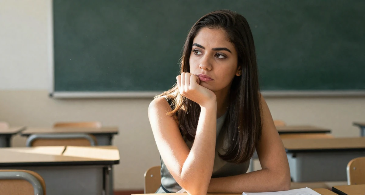 A wistful Female Born in Colombia, majored in media innovation in their 22, planning themed sensual shoots for better consistency, wearing a sophisticated midi dress, cracking knuckles in a classroom setting.