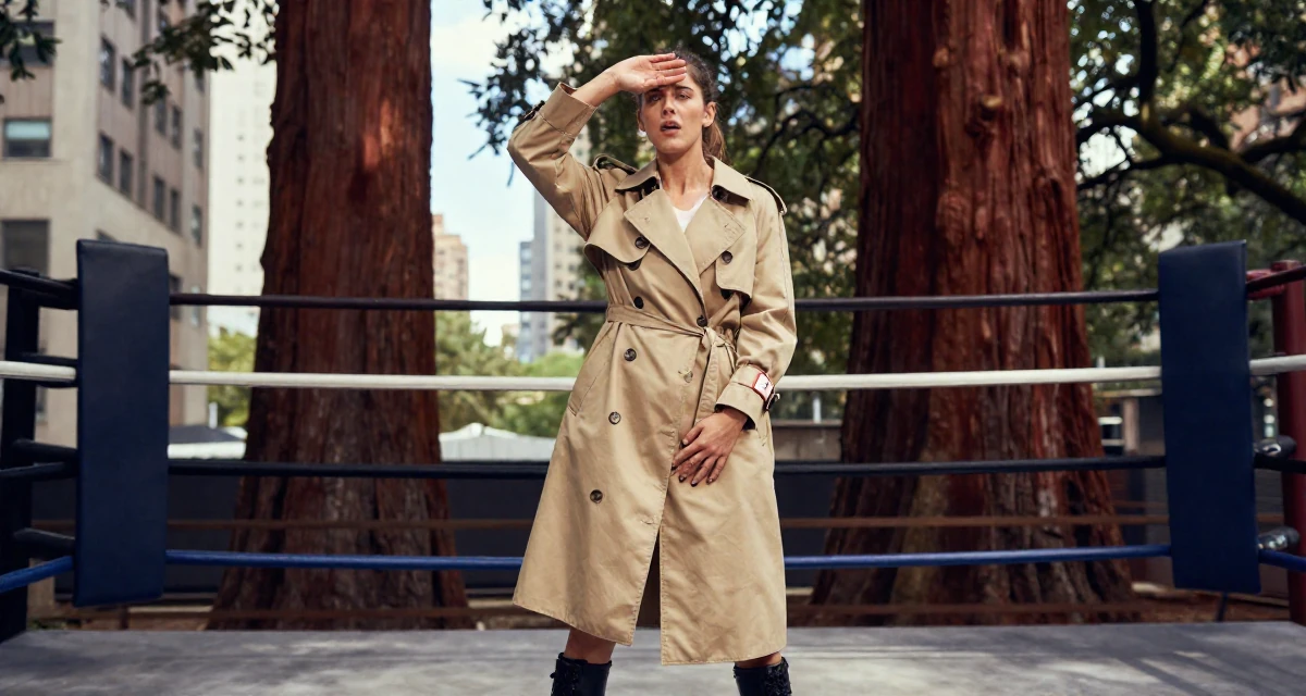 A awestruck Female Former personal trainer, now documenting transformation journeys for fans in their 26, learning to endure hate comments quietly, wearing a timeless trench and boots, shading eyes from the sun in a boxing ring.