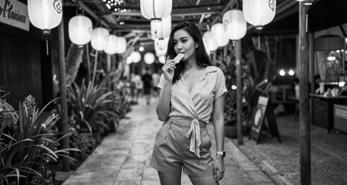 A harmonious Female From Thailand, majored in tourism in their 27, feeling stuck between passion and survival, wearing a wrap-front blouse and tailored shorts, holding a snack in a zoo pathway.