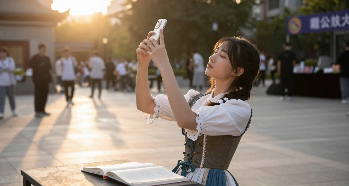 A soft Female From Nanjing China, picked up videography working backstage at events in their 26, taking night classes, wearing a peasant girl corset dress with a white blouse, snapping a photo with a phone in a pedestrian plaza.