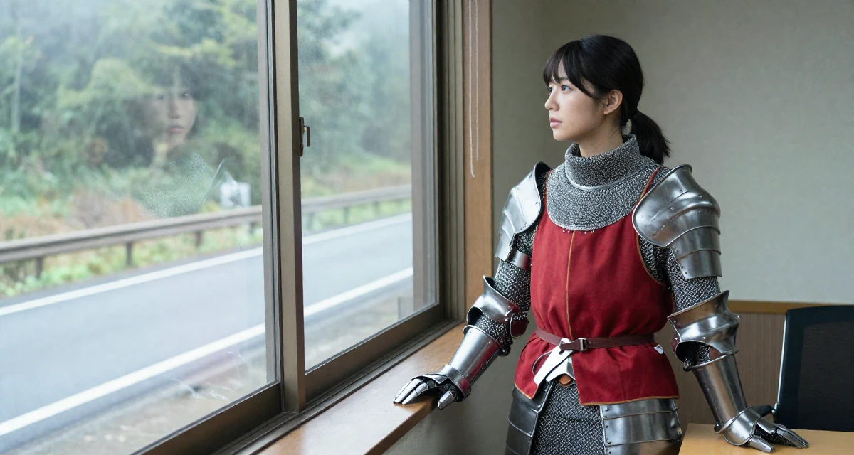 A relaxed and observant Female From Japan, studied nutrition and food science in their 23, balancing vulnerability and professionalism, wearing a female knight armor with a tabard and chainmail, looking out the window in a country road.