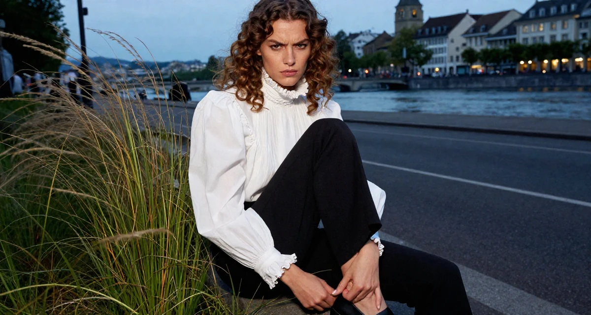 A tense Female From Zurich Switzerland, learned luxury lifestyle imaging in their 24, planning seasonal or holiday-themed drops, wearing a high-neck victorian style blouse and black slacks, tapping a foot rhythmically in a urban street.