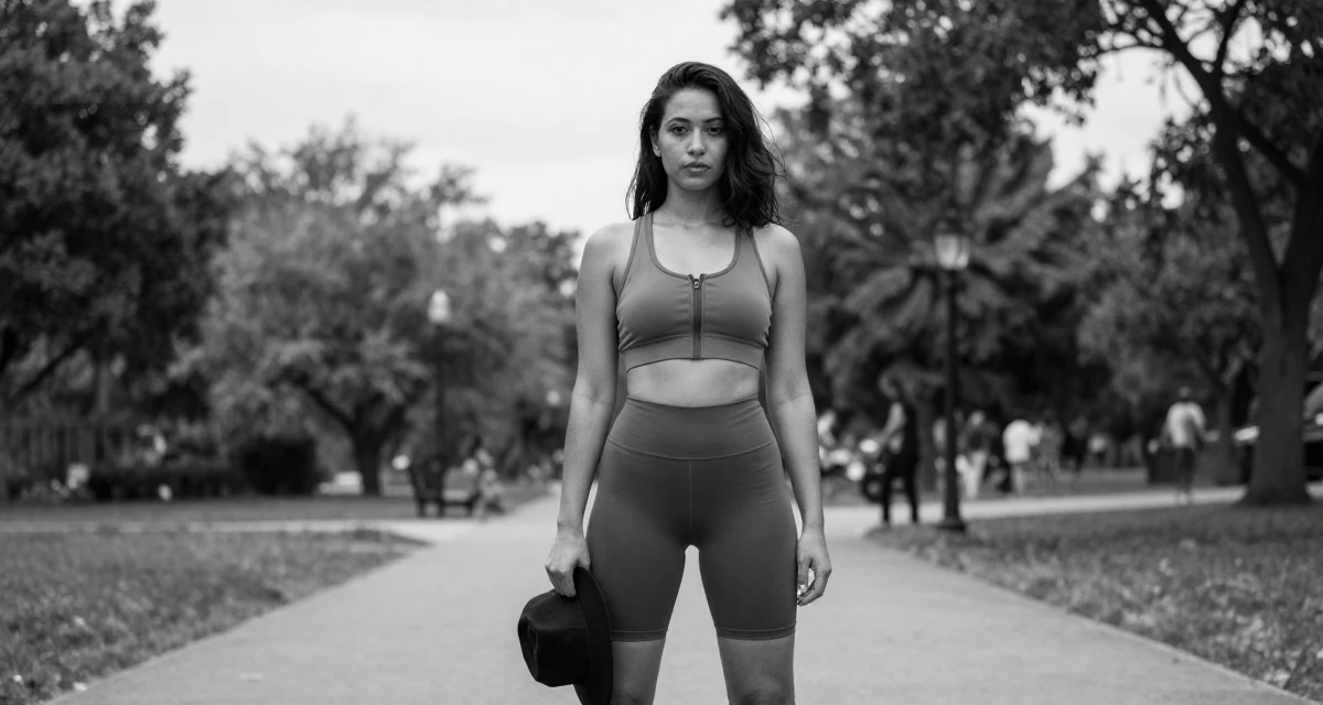 A focused Female From United States, studied French literature in their 23, balancing bold expression with emotional boundaries, wearing a tight biker shorts and a sports bra with a zip front, holding a hat in a quiet park.