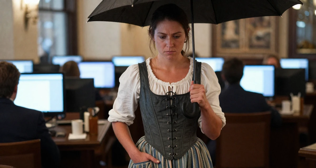 A solemn Female From Canada, majored in anthropology in their 25, discovering the mental toll of constant visibility, wearing a peasant girl corset dress with a white blouse, holding an umbrella in a high-end restaurant.