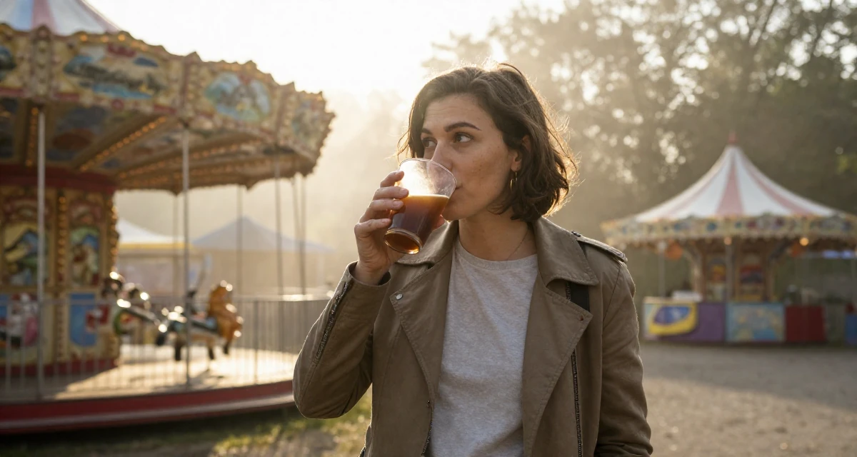 A expectant Female From Montreal Canada, studied erotic art history and creative expression in their 47, creating a guide for solo female travel, wearing a structured jacket with casual tee, sipping a warm drink in a carnival with rides.