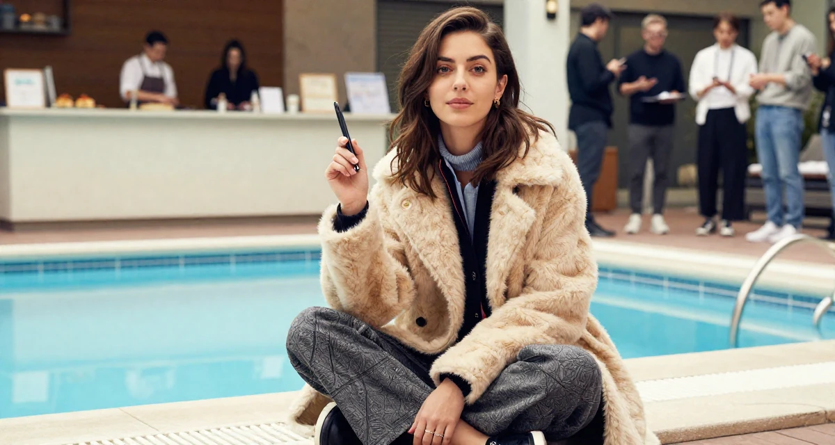 A settled Female Once a pastry chef, now blending cooking with playful creator energy in their 37, mentoring younger creatives in the industry, wearing a warm winter layered look, holding a pen in a swimming pool deck.