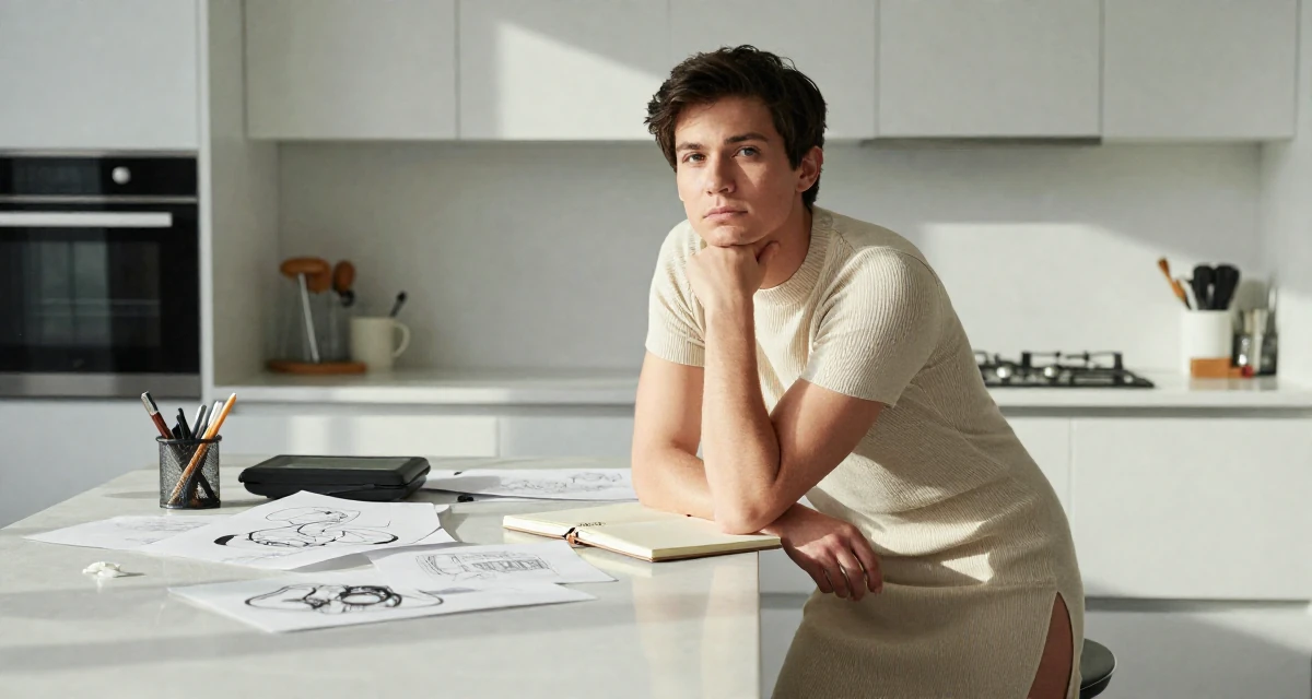 A calm and confident male Former hotel concierge, now offering luxury-inspired lifestyle content in their 23, changing career paths with terrifying courage, wearing a fitted knit dress with a side slit, holding a notebook in a sunlit kitchen island.