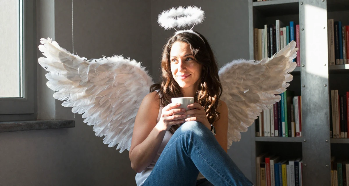 A glowing Female From Italy, based in Bologna, graduated from a local university majoring in media production in their 43, sharing organization hacks for busy moms, wearing a angel costume with large feathered wings and a halo, holding a cup of coffee in a quiet library corner.