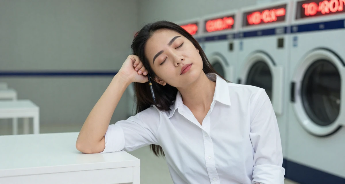 A focused and sharp Female From Hanoi Vietnam, practiced boudoir photography concepts in their 24, cutting off toxic relationships without guilt, wearing a crisp button-up with rolled sleeves, holding a pen in a laundromat with neon signs.