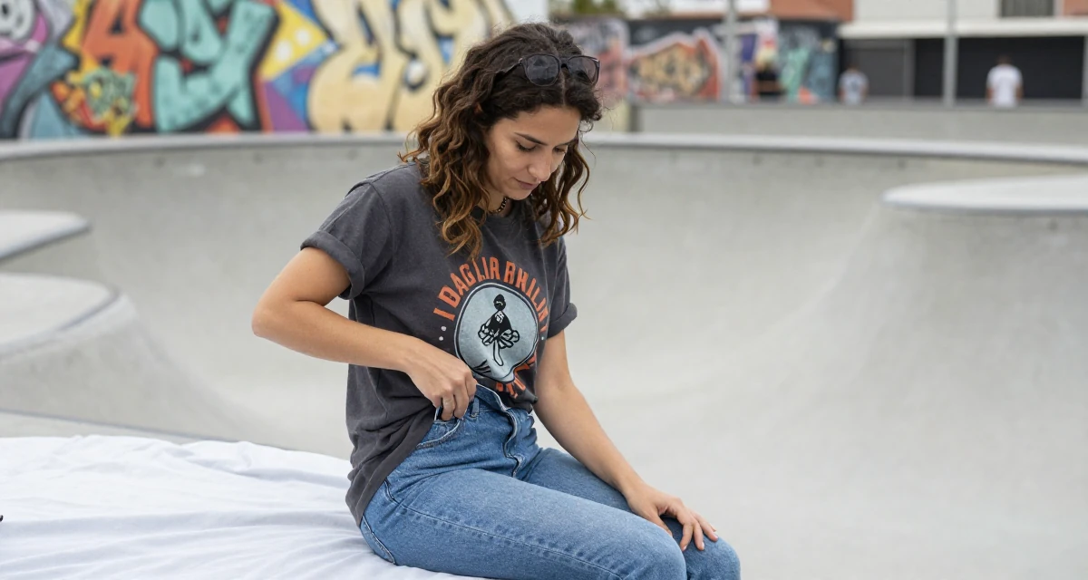A compassionate Female From Barcelona Spain, trained in creative directing for personal content in their 41, focusing on financial independence and investing, wearing a laid-back graphic tee and jeans, reaching for a pocket in a skate park.