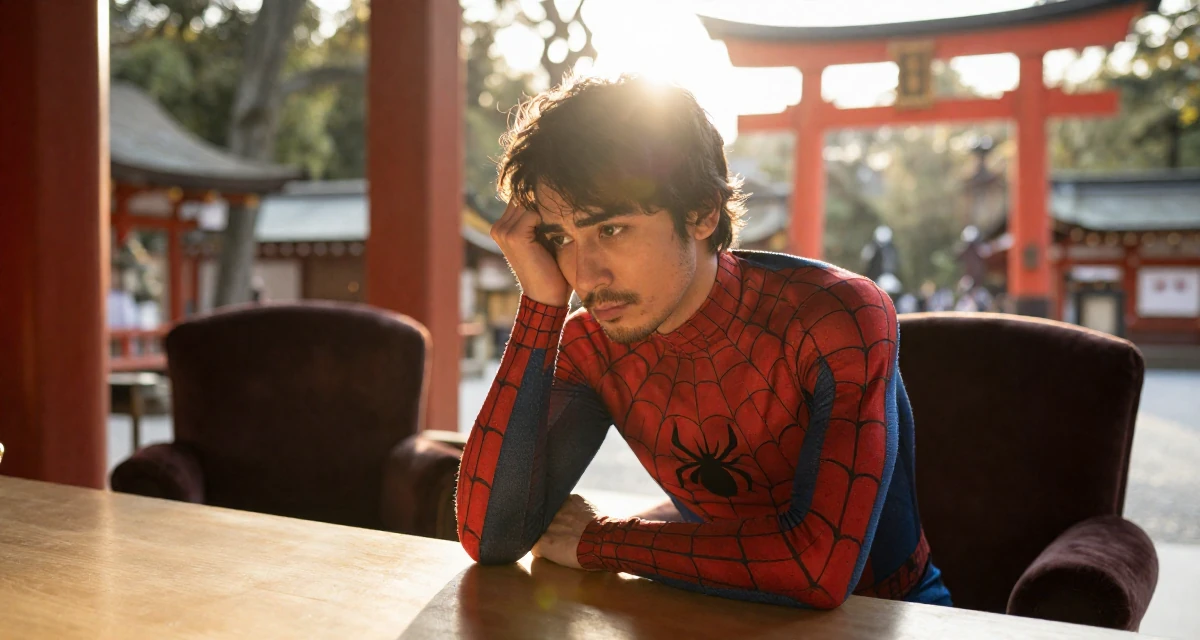 A contemplative male From UK, studied anthropology in their 23, feeling pressure to figure life out quickly, wearing a spider-themed villainess suit, pulling a sweater sleeves over hands in a Japanese Shinto shrine.