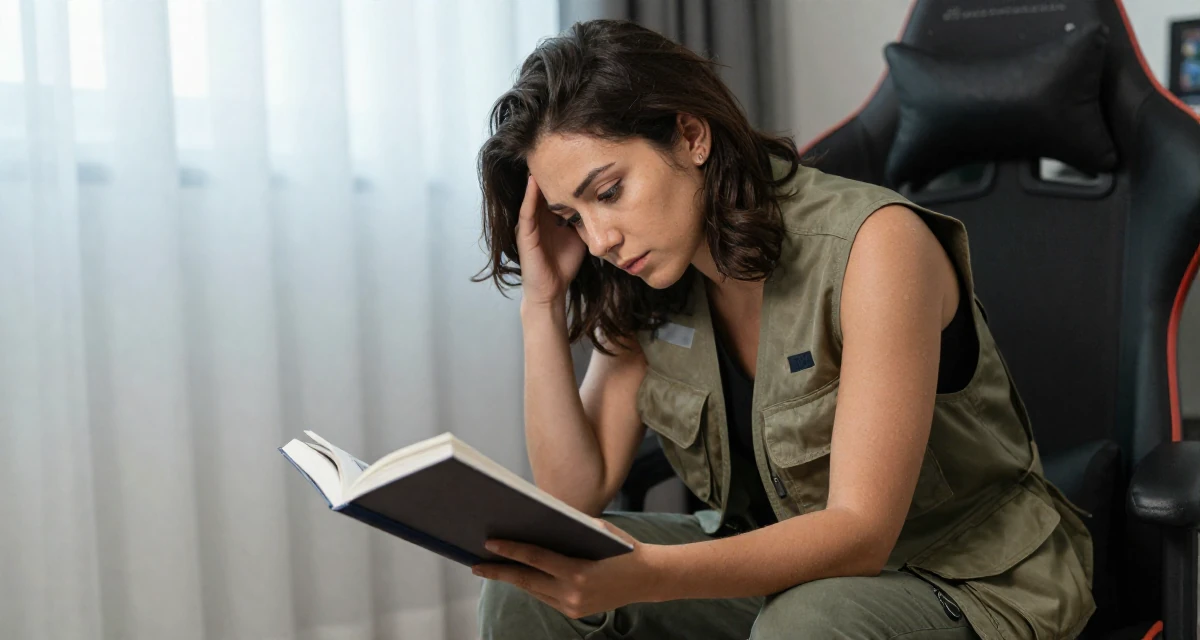 A coy Female Previously a hairstylist, now showcasing transformation-driven content in their 24, learning to work through emotional lows, wearing a urban explorer utility vest look, reading a book intently in a gaming room.