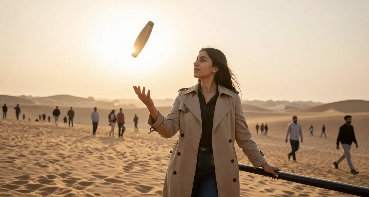 A content Female Born in Nepal, studied urban planning in their 24, juggling edits, shoots, and a boss who texts on weekends, wearing a stylish trench coat over basics, grabbing a railing for support in a desert sand dunes.