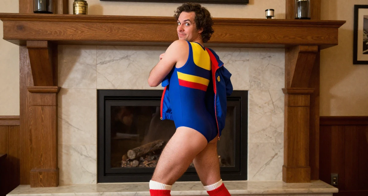 A witty male From Vancouver Canada, majored in fine arts in their 20, exploring identity through bold fashion choices, wearing a retro 80s workout leotard and leg warmers, buttoning up a jacket in a ski lodge fireplace.