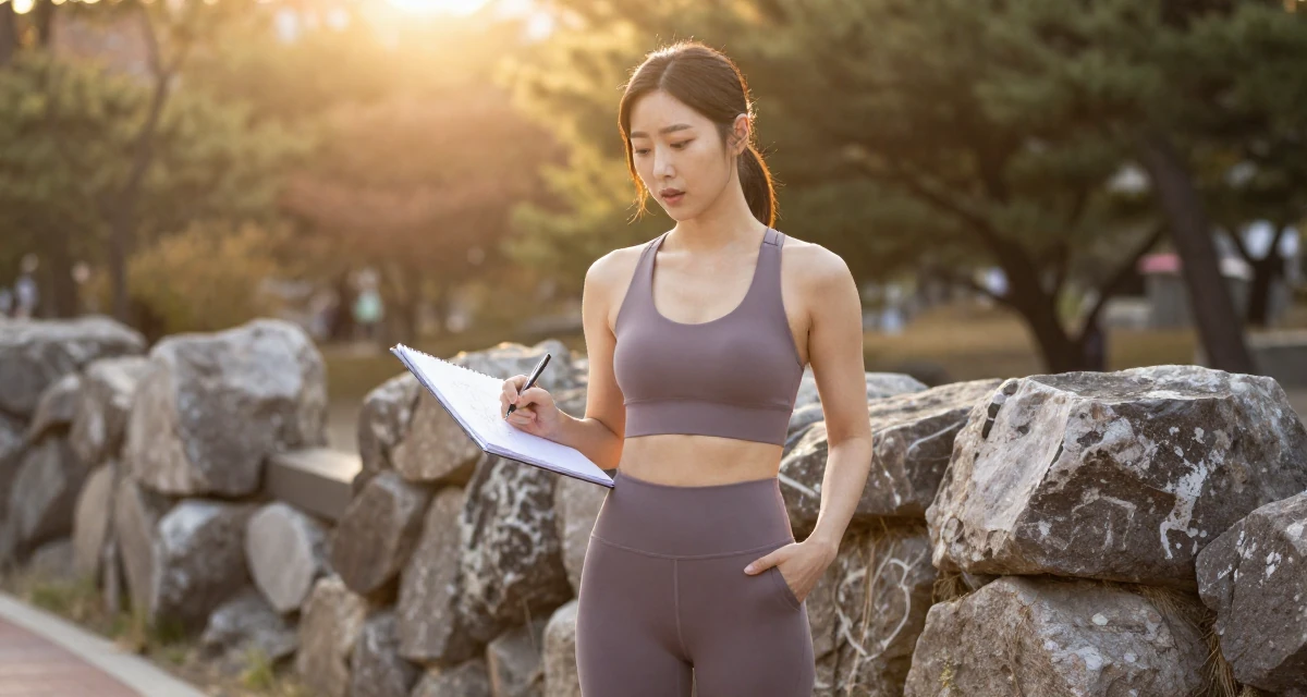 A inspired Female Based in South Korea, studied fashion merchandising in their 22, mourning the loss of the university community, wearing a form-fitting athletic set with a sports bra and leggings, sketching on a pad in a quiet park.