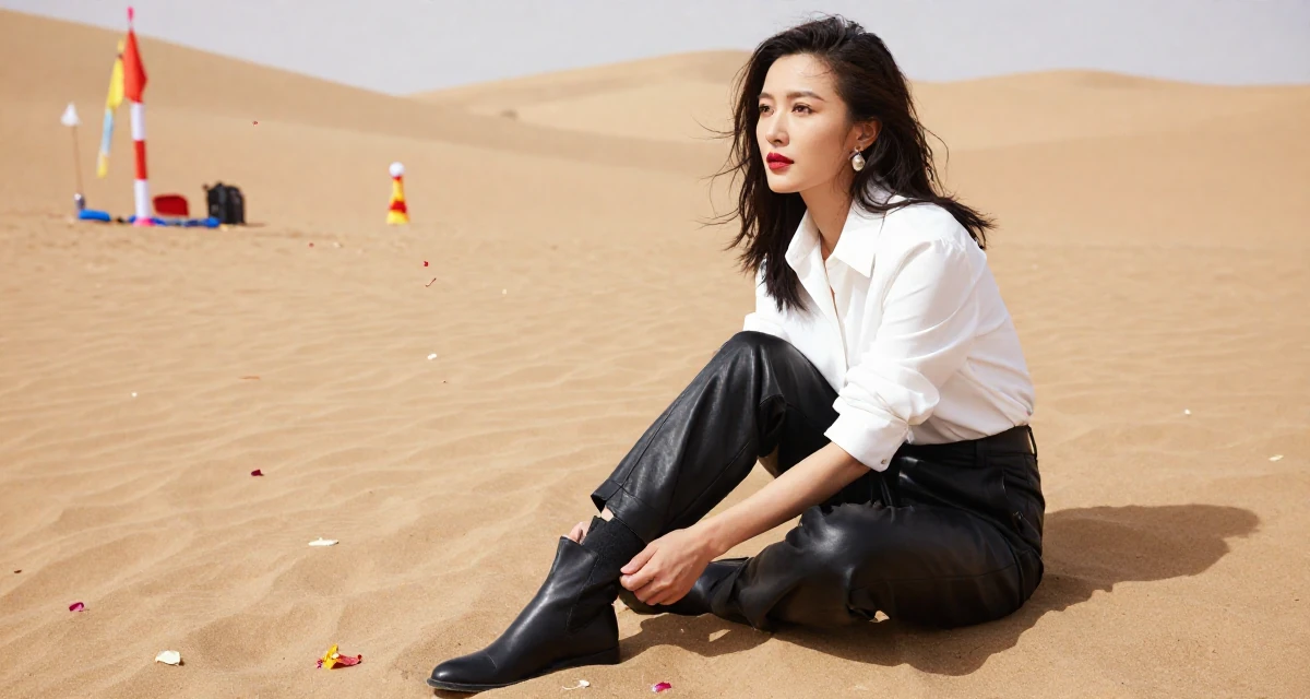 A relaxed and observant Female From Mongolia, majored in history and culture in their 35, at the peak of creative energy and output, wearing a black leather trousers and a crisp white blouse, catching a falling flower petal in a desert sand dunes.