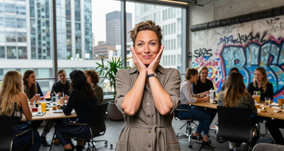 A satisfied Female From UK, trained in musical theatre in their 50, golden jubilee celebration of life, wearing a belted shirt dress with rolled sleeves, holding a cold drink in a busy coworking space.