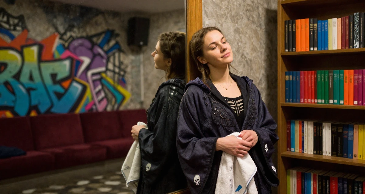 A serene and peaceful Female From Moscow Russia, trained in rhythmic gymnastics and body control in their 23, learning to set boundaries with bosses, wearing a dark fantasy necromancer robe with skull motifs, holding a gym towel in a cinema lobby.